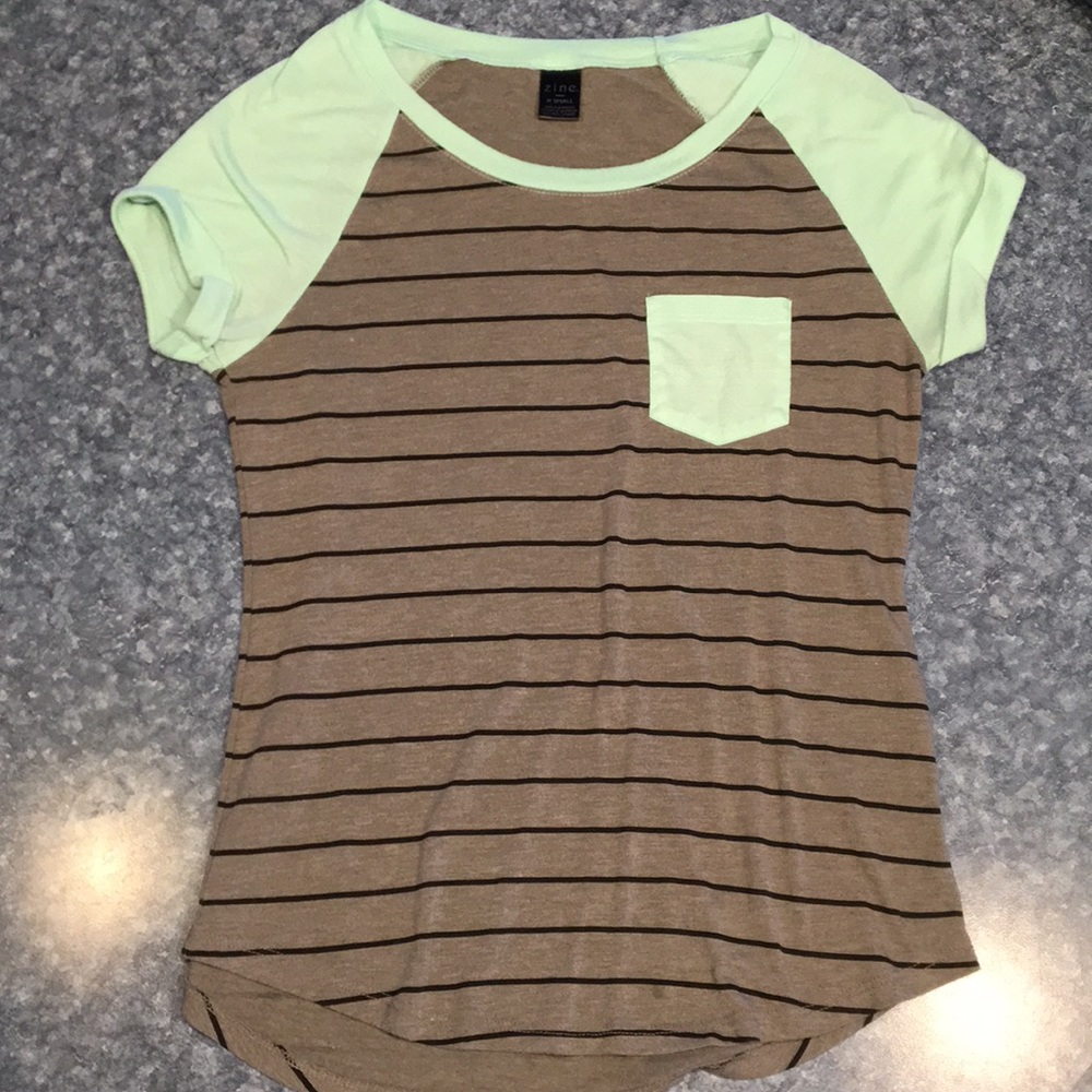 Grey and mint t-shirt with black stripes.